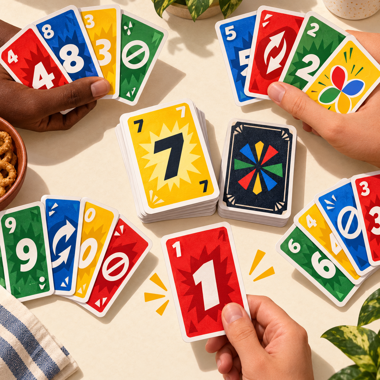 Players holding red, blue, green, and yellow number cards around a separate pile of cards.