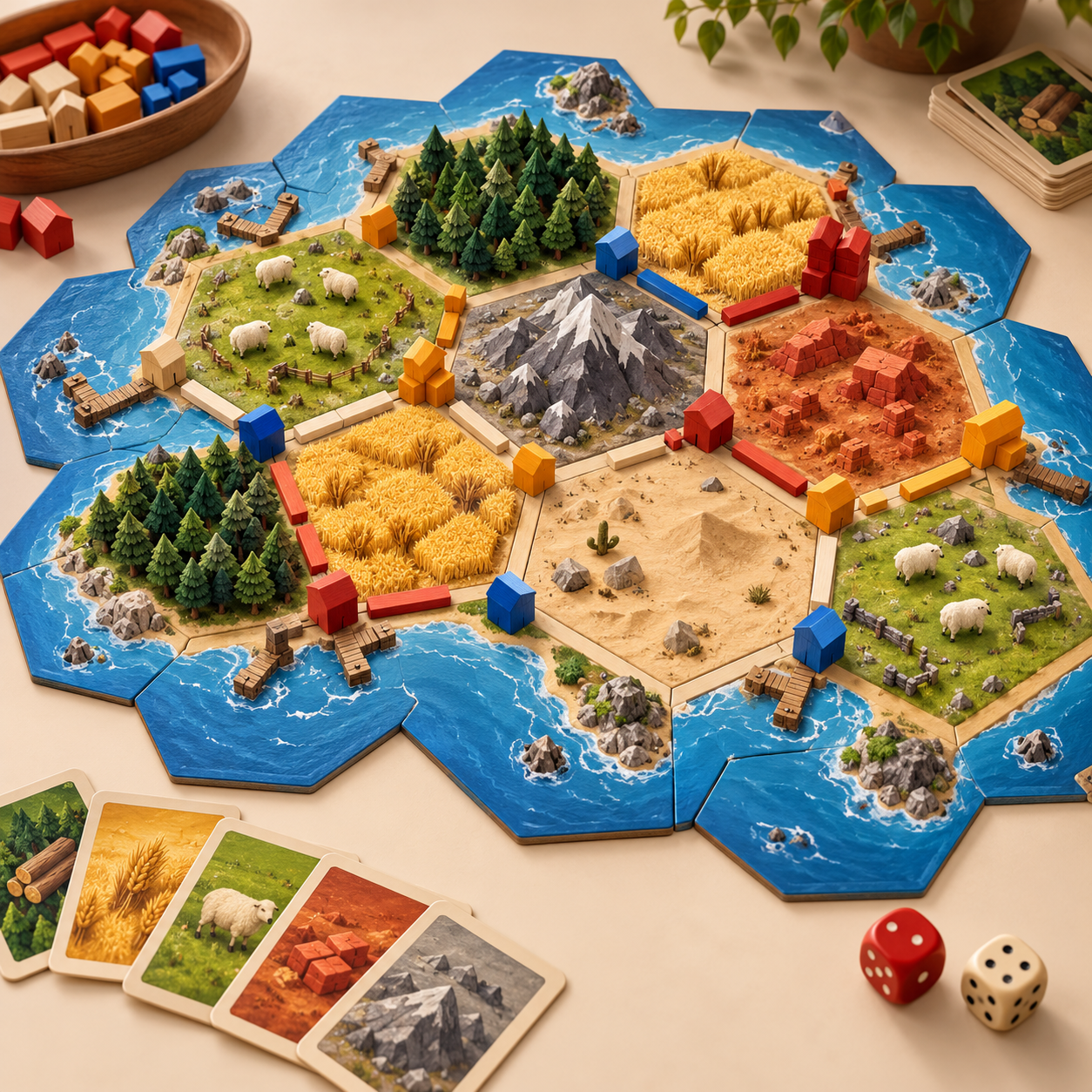Hexagon game board with pieces, cards, and dice.