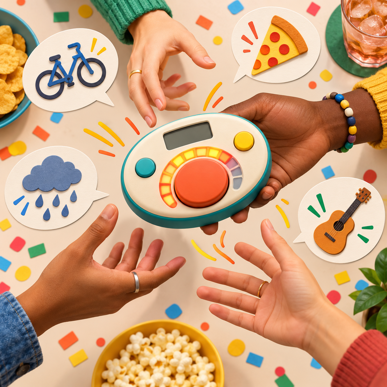 hands passing a device around a table, speech bubbles showing bicycle, pizza, rain cloud and a ukulele.