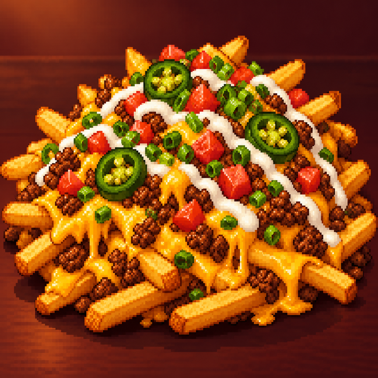 Pixel art loaded fries with jalapeños