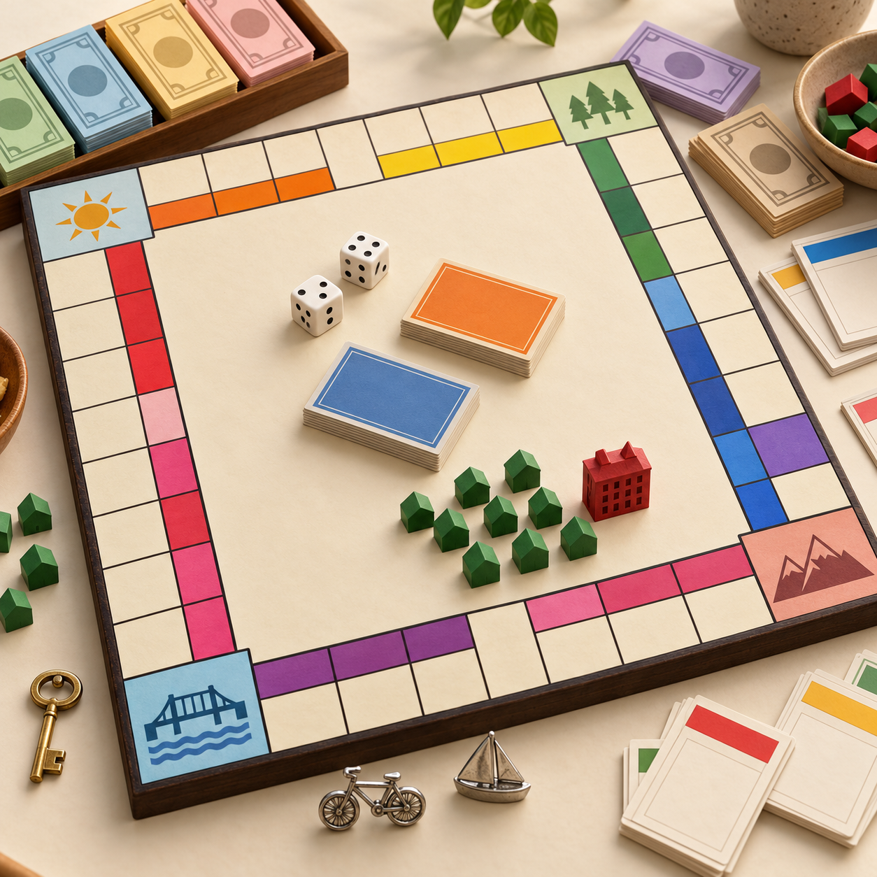 Square game board with play money, dice, cards, small houses and a hotel.