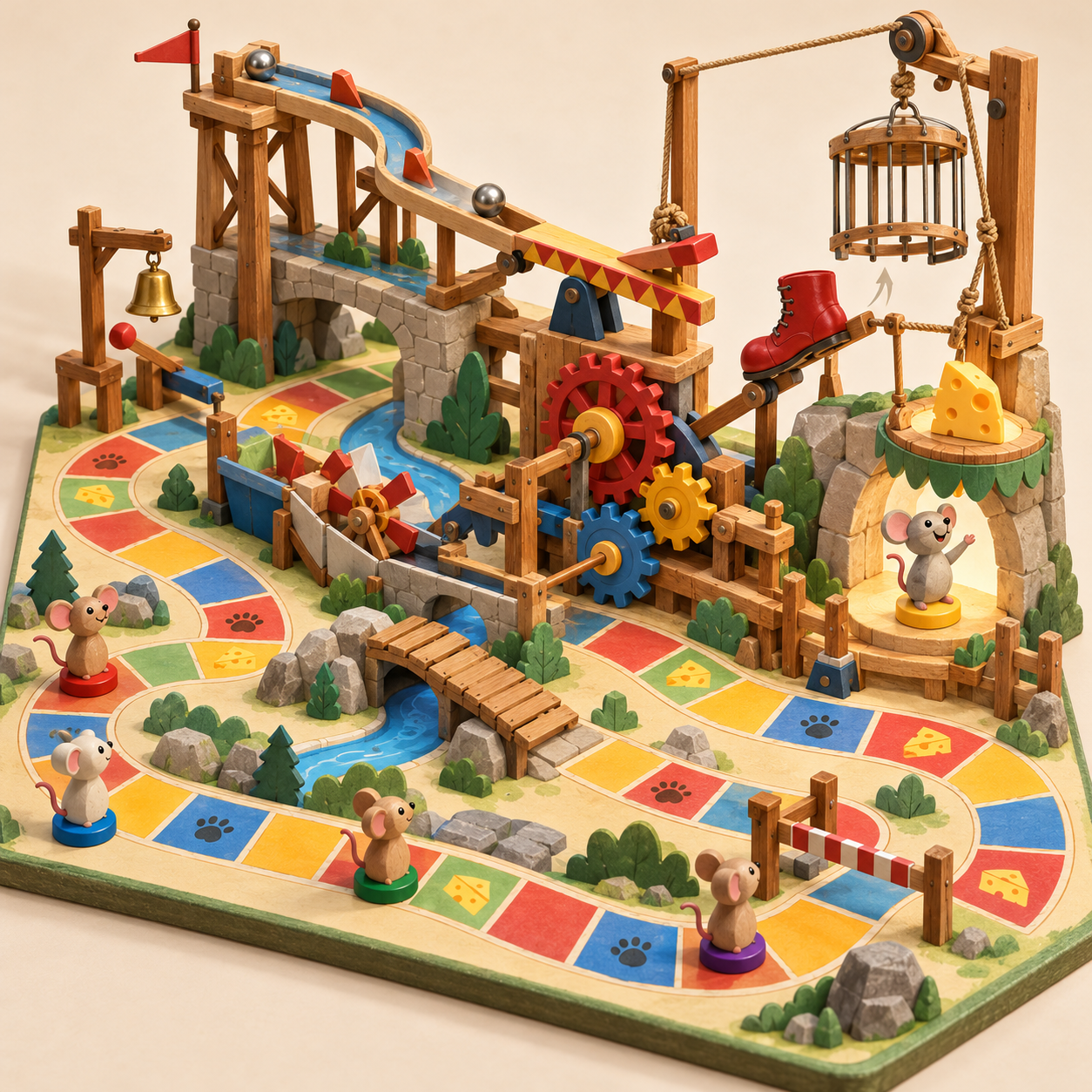 Board game with a winding colored path, mouse pieces, wooden contraption of gears, a boot and a cage.