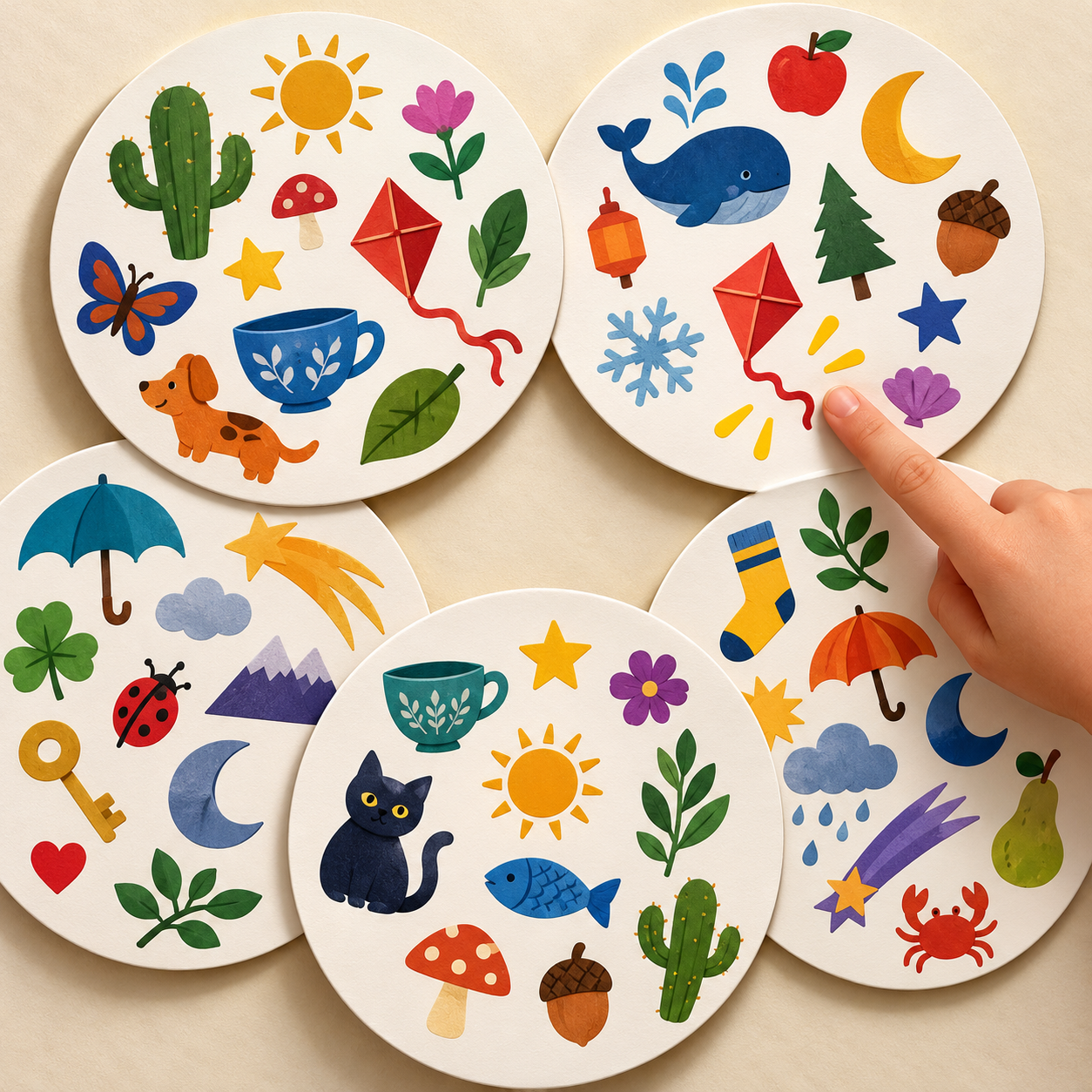 Five round cards covered in symbols, a finger pointing at a kite.