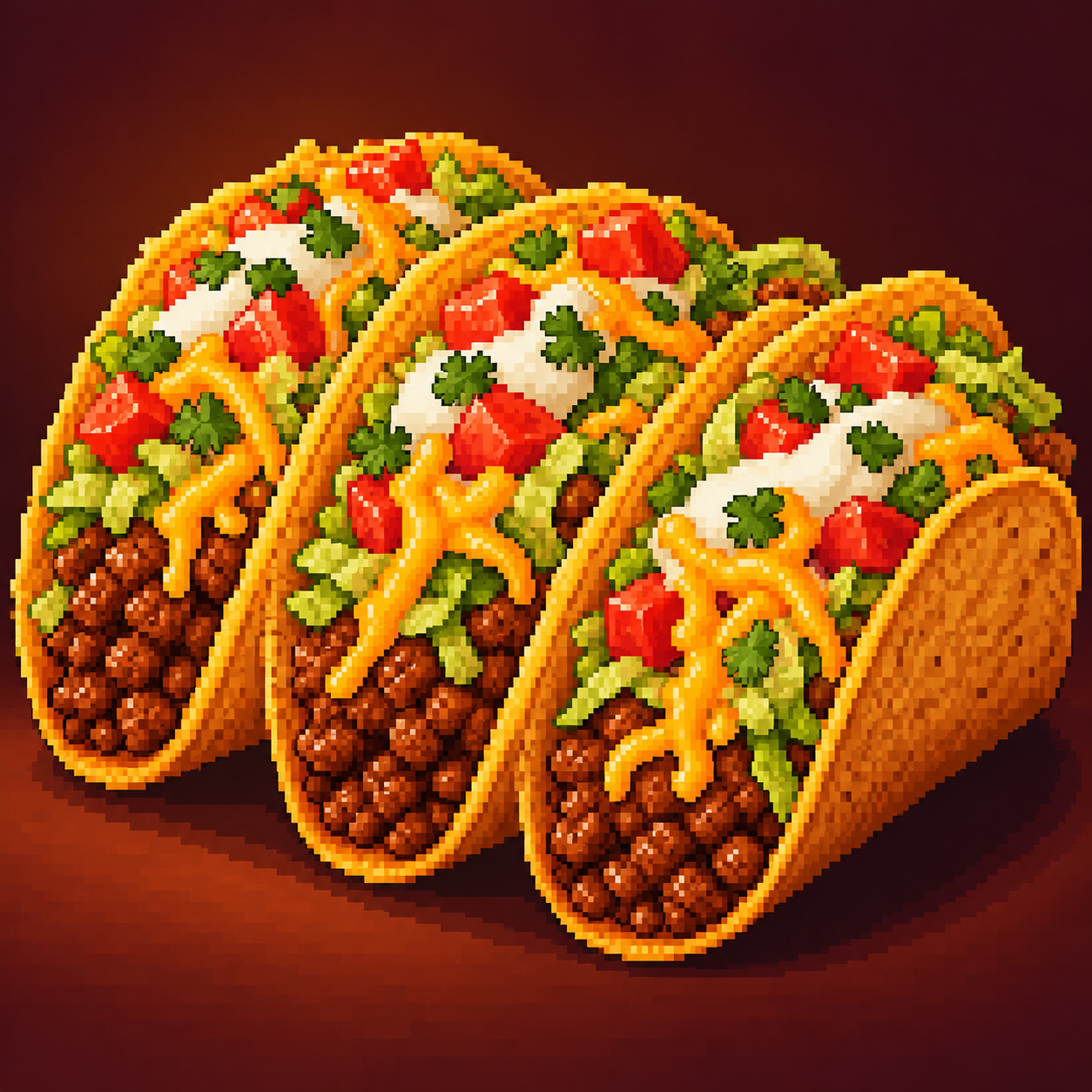 Pixel art image of three tacos.