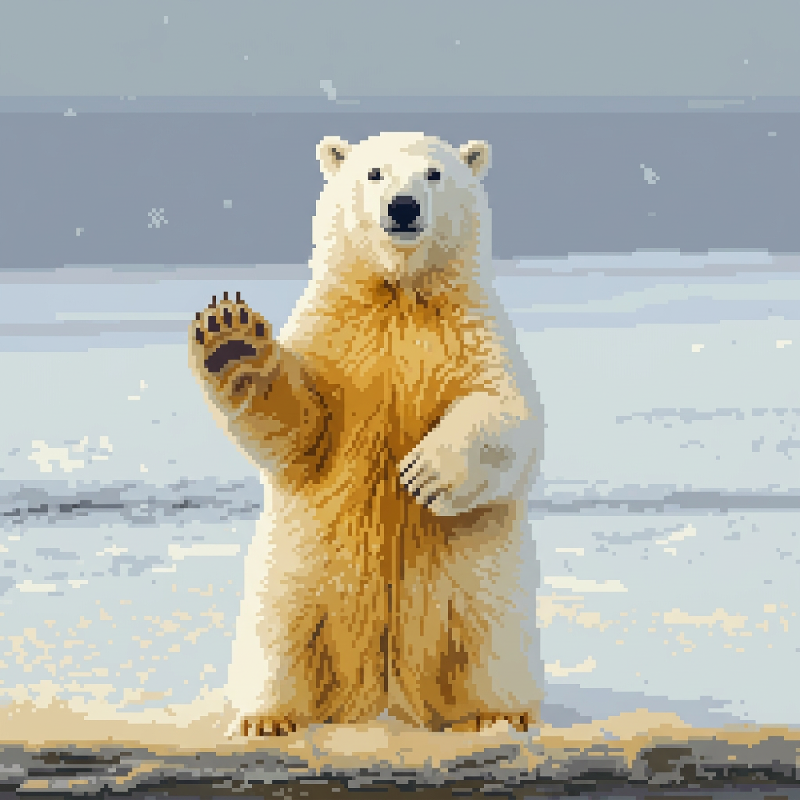 Pixel art polar bear sitting upright waving with one paw