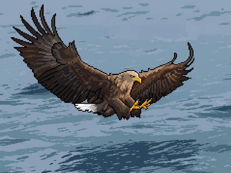 Pixel art eagle flying over water
