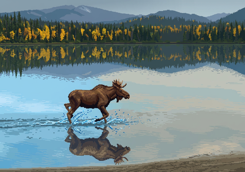 Pixel art moose walking through water