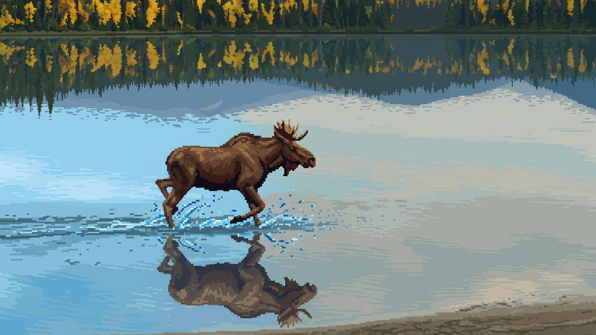 Pixel art moose walking through water