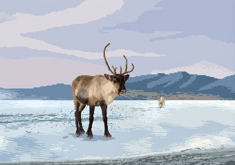 Pixel art reindeer standing in a snowy landscape
